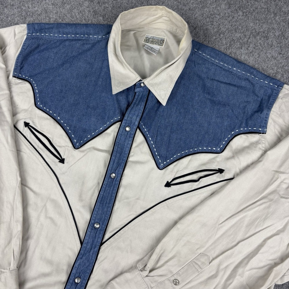 Express Riders Western Shirt Men's 2XL Pearl Snap Cowboy Denim Yoke Beige Rodeo‎